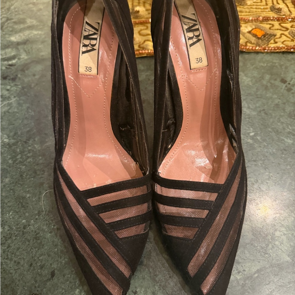 Zara Black and Pink Striped Heels